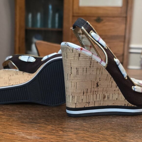 Coach Peep Toe Brown & Plaid Wedges - Picture 4 of 5